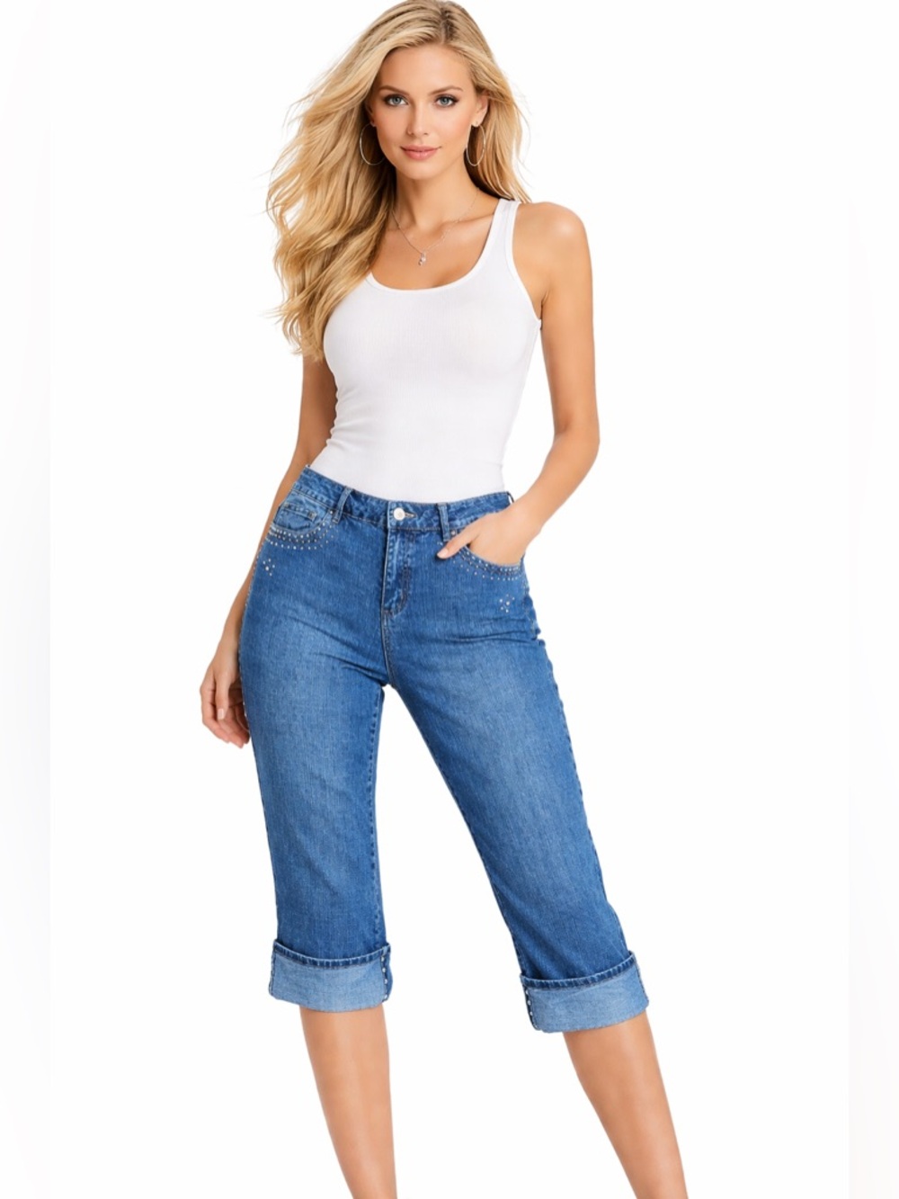 L.A. Blues Capri Jeans Size 12 Blue Denim Studded Cuffed Cropped Pants